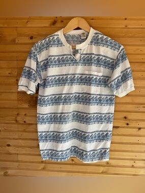 Gitano Blue White Seashells Short Sleeve Henley VTG 80s Shoulder Pads Small